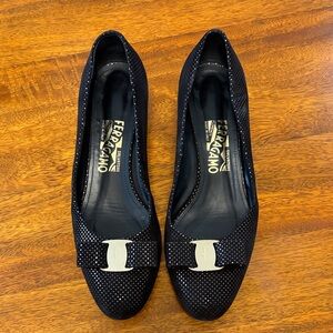 Salvatore Ferragamo black Suede Vara Bow Flats with gold Logo and gold detail